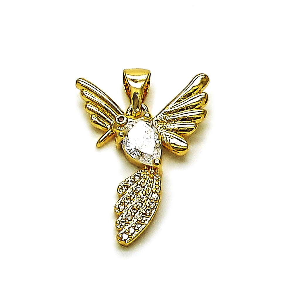 Oro Laminado Fancy Pendant, Gold Filled Style Bird and Teardrop Design, with White Cubic Zirconia and White Micro Pave, Polished, Golden Finish