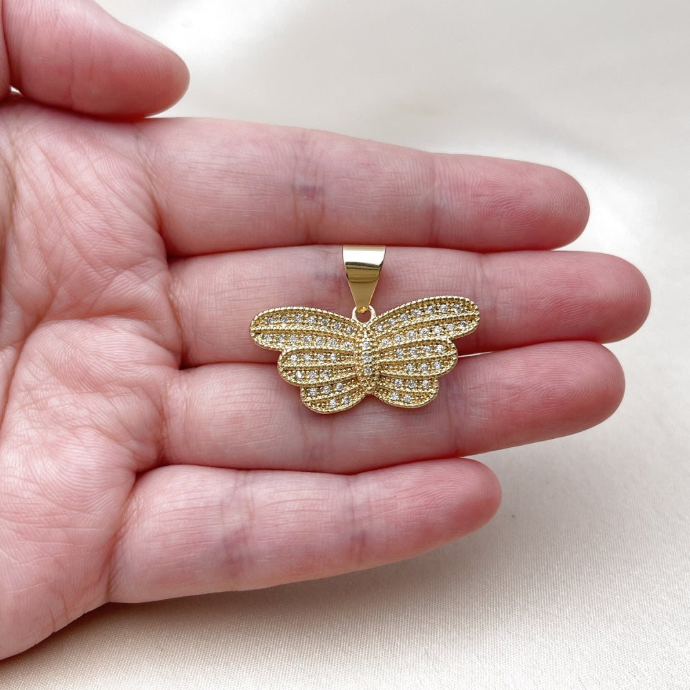 Oro Laminado Fancy Pendant, Gold Filled Style Butterfly Design, with White Cubic Zirconia, Polished, Golden Finish