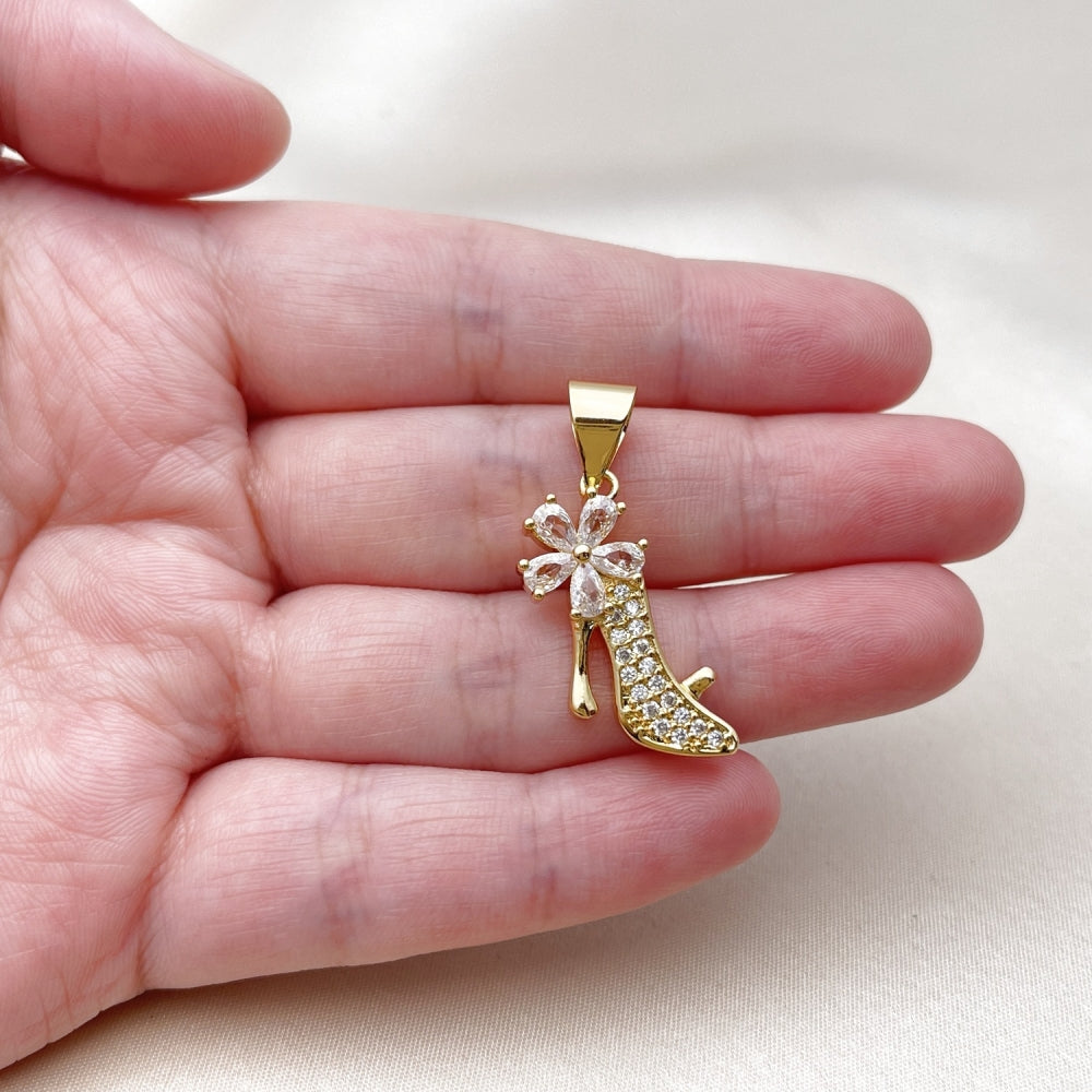 Oro Laminado Fancy Pendant, Gold Filled Style Shoes and Flower Design, with White Cubic Zirconia and White Micro Pave, Polished, Golden Finish
