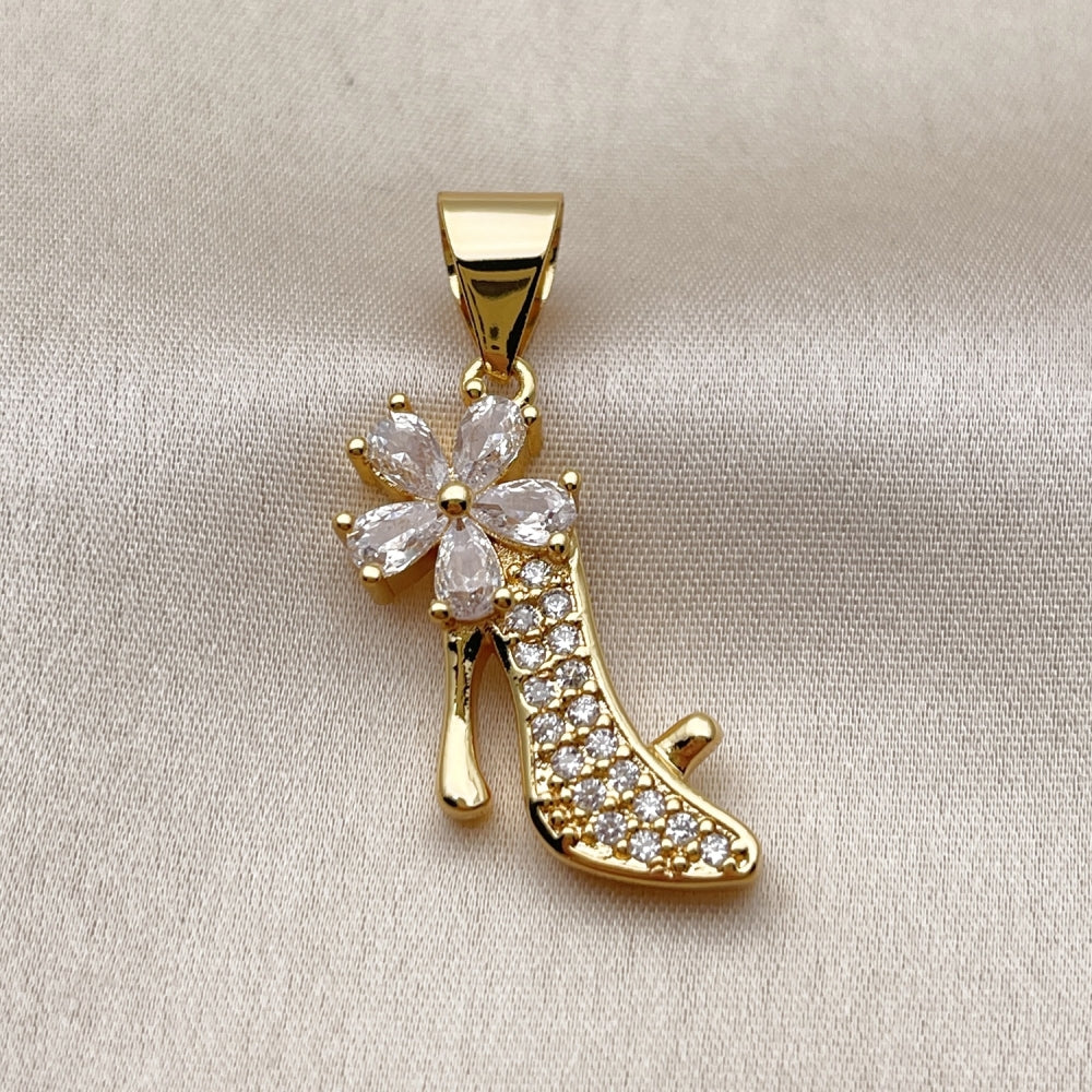 Oro Laminado Fancy Pendant, Gold Filled Style Shoes and Flower Design, with White Cubic Zirconia and White Micro Pave, Polished, Golden Finish