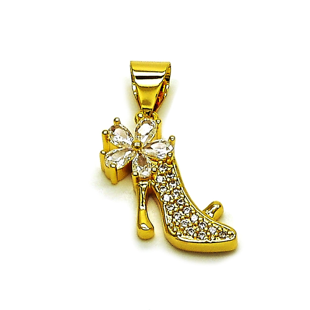 Oro Laminado Fancy Pendant, Gold Filled Style Shoes and Flower Design, with White Cubic Zirconia and White Micro Pave, Polished, Golden Finish