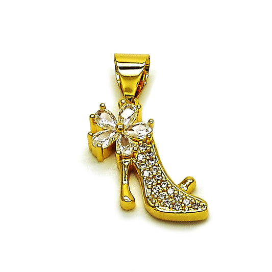 Oro Laminado Fancy Pendant, Gold Filled Style Shoes and Flower Design, with White Cubic Zirconia and White Micro Pave, Polished, Golden Finish