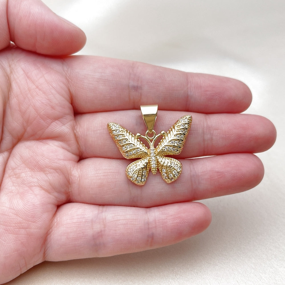 Oro Laminado Fancy Pendant, Gold Filled Style Butterfly Design, with White Micro Pave, Polished, Golden Finish