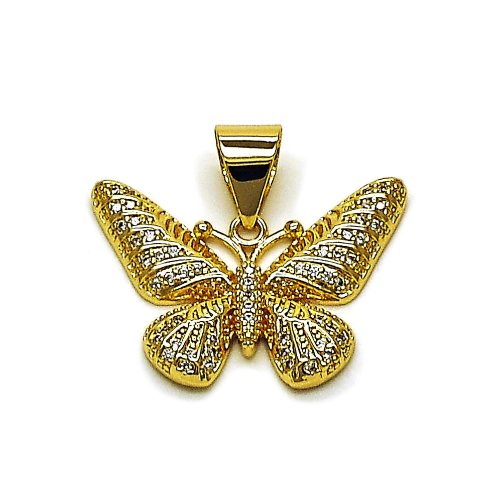 Oro Laminado Fancy Pendant, Gold Filled Style Butterfly Design, with White Micro Pave, Polished, Golden Finish
