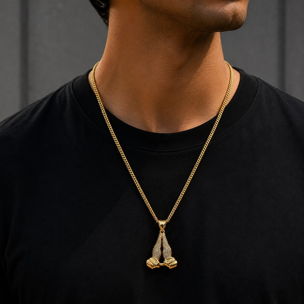 Oro Laminado Fancy Pendant, Gold Filled Style Praying Hands Design, with White Cubic Zirconia, Polished, Golden Finish