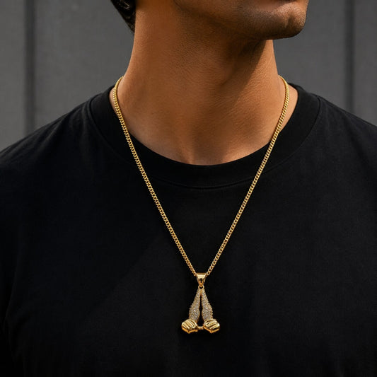 Oro Laminado Fancy Pendant, Gold Filled Style Praying Hands Design, with White Cubic Zirconia, Polished, Golden Finish