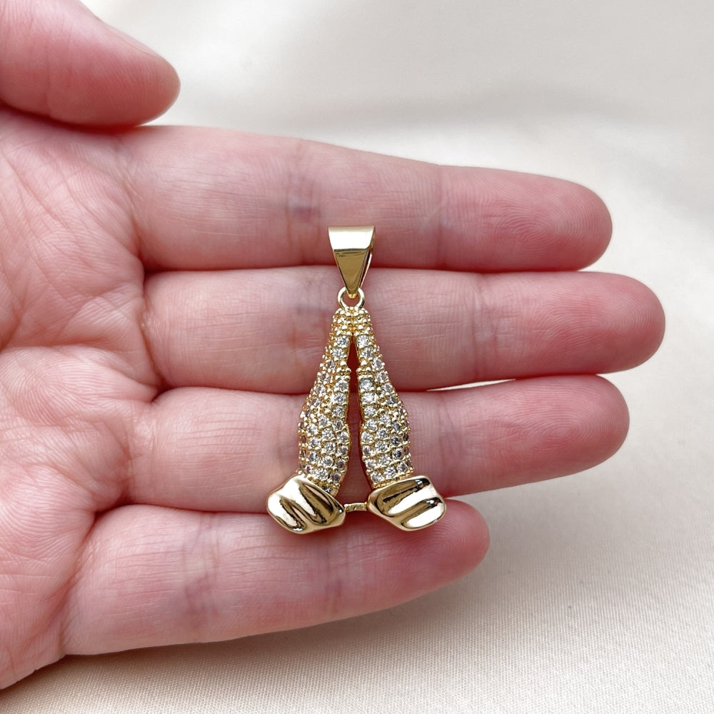 Oro Laminado Fancy Pendant, Gold Filled Style Praying Hands Design, with White Cubic Zirconia, Polished, Golden Finish
