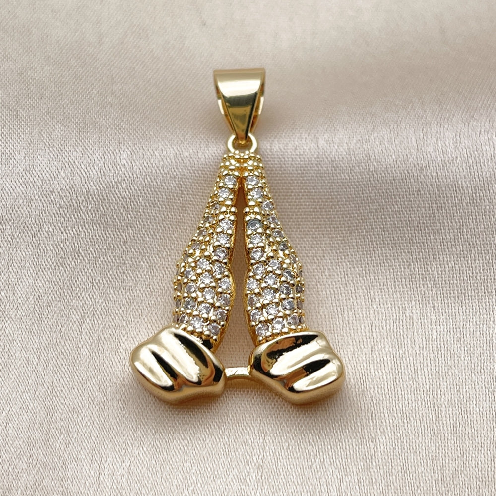 Oro Laminado Fancy Pendant, Gold Filled Style Praying Hands Design, with White Cubic Zirconia, Polished, Golden Finish