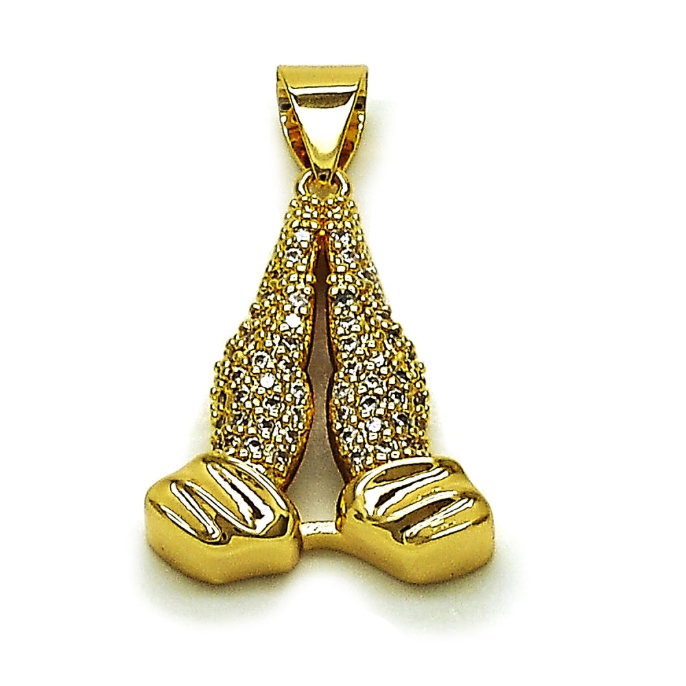 Oro Laminado Fancy Pendant, Gold Filled Style Praying Hands Design, with White Cubic Zirconia, Polished, Golden Finish