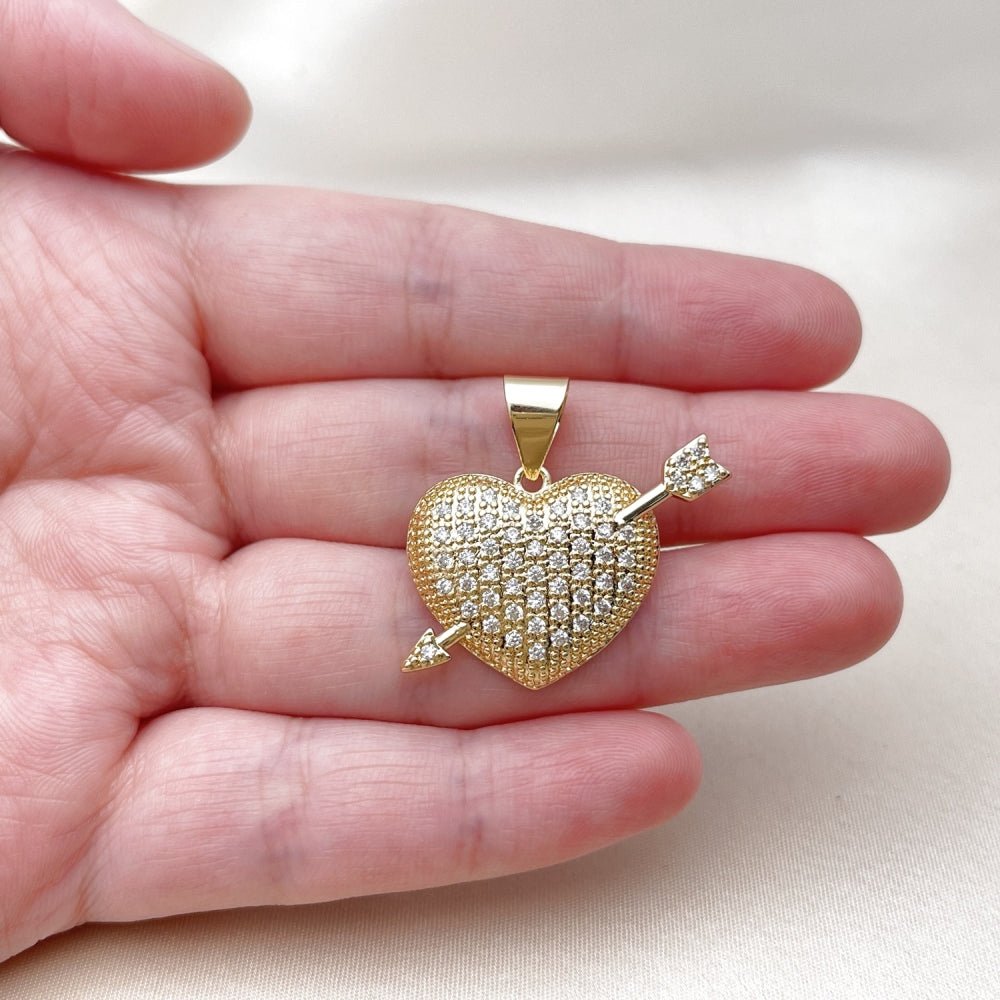 Oro Laminado Fancy Pendant, Gold Filled Style Heart and Arrow Design, with White Cubic Zirconia, Polished, Golden Finish