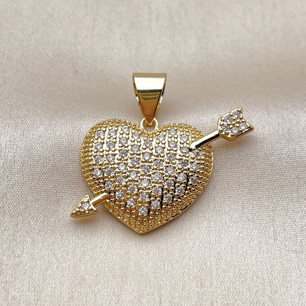 Oro Laminado Fancy Pendant, Gold Filled Style Heart and Arrow Design, with White Cubic Zirconia, Polished, Golden Finish