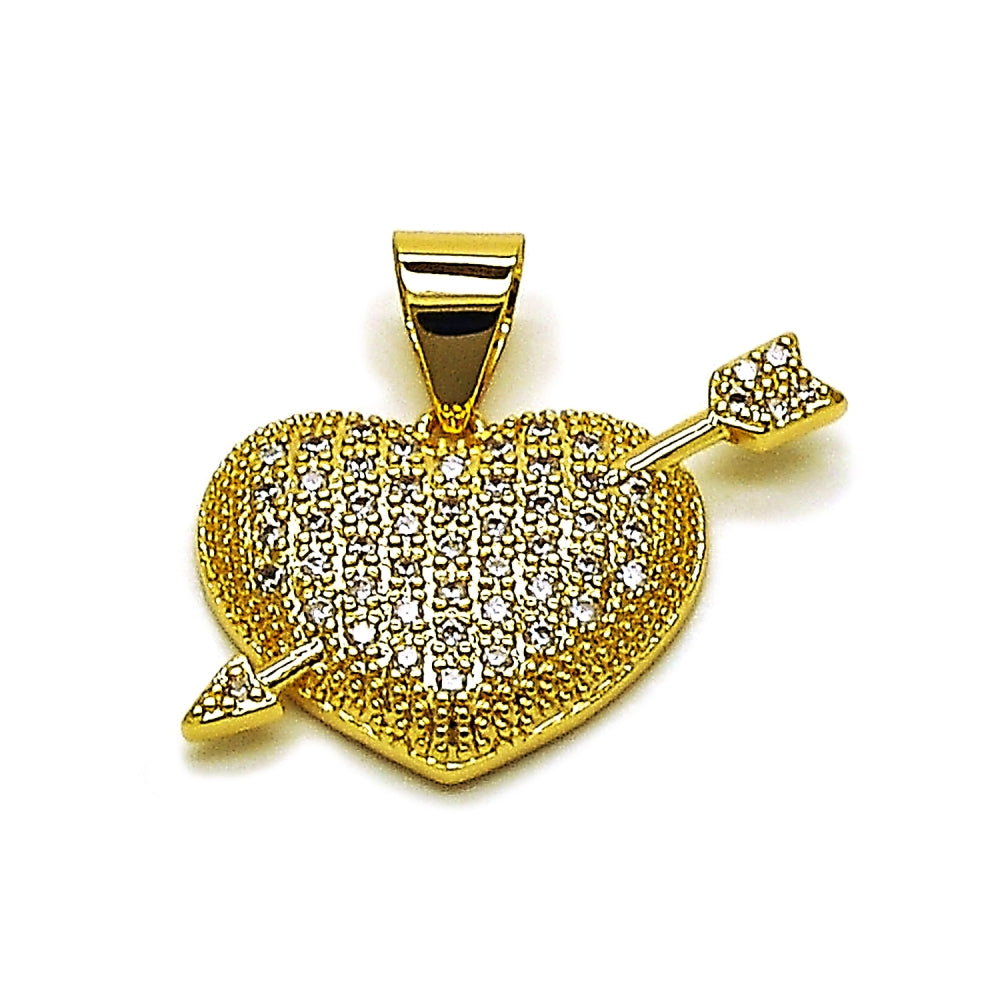 Oro Laminado Fancy Pendant, Gold Filled Style Heart and Arrow Design, with White Cubic Zirconia, Polished, Golden Finish