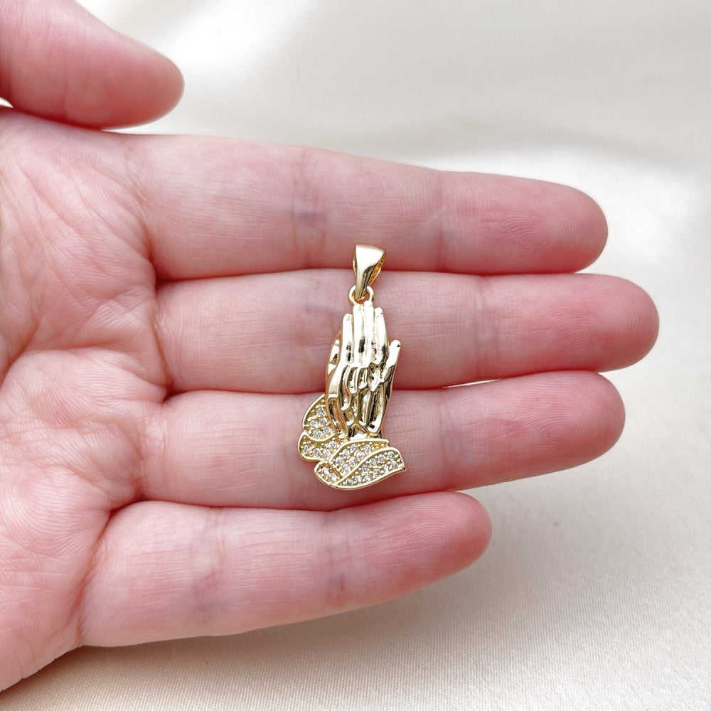 Oro Laminado Fancy Pendant, Gold Filled Style Praying Hands Design, with White Cubic Zirconia, Polished, Golden Finish