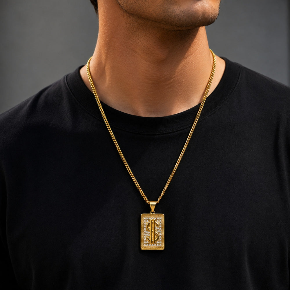 Oro Laminado Fancy Pendant, Gold Filled Style Money Sign Design, with White Cubic Zirconia, Polished, Golden Finish