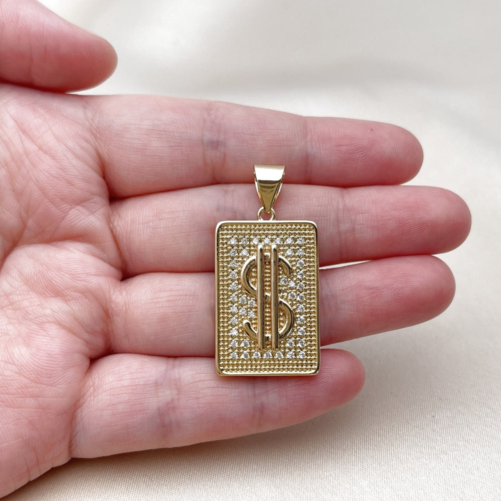 Oro Laminado Fancy Pendant, Gold Filled Style Money Sign Design, with White Cubic Zirconia, Polished, Golden Finish