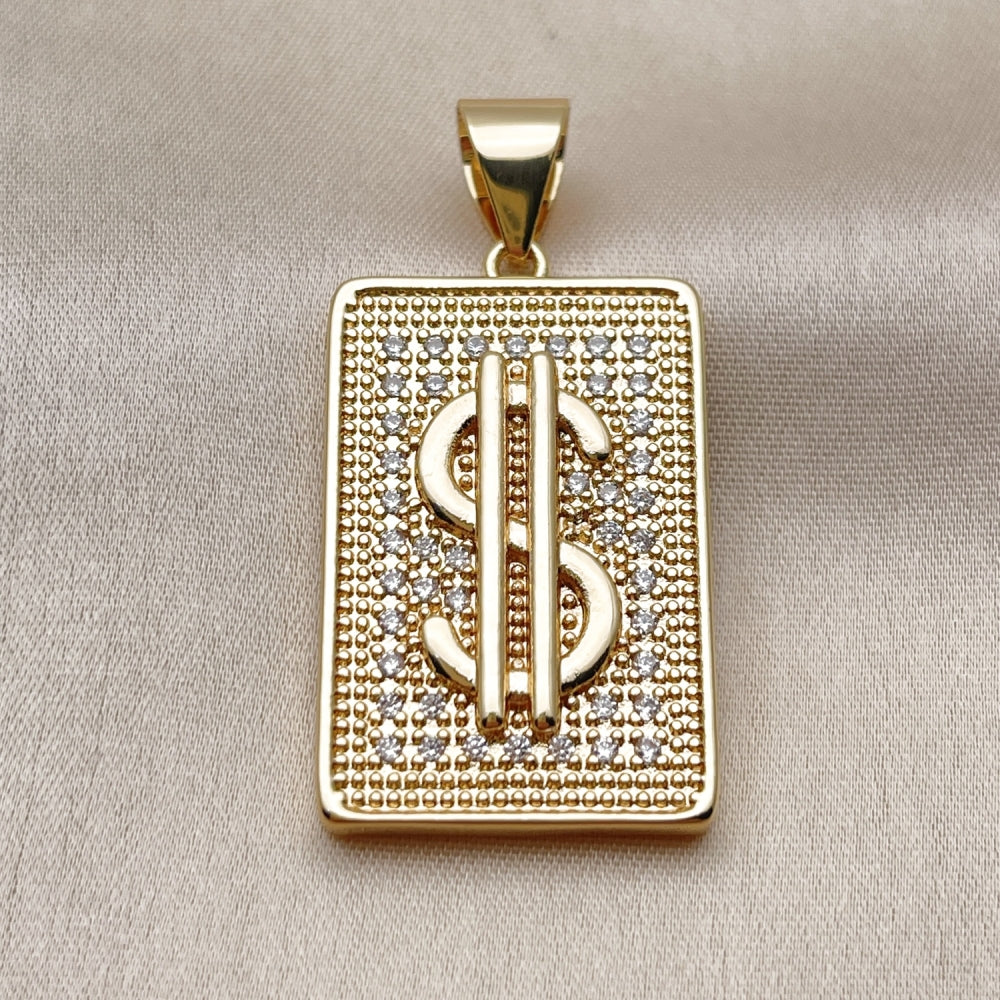 Oro Laminado Fancy Pendant, Gold Filled Style Money Sign Design, with White Cubic Zirconia, Polished, Golden Finish