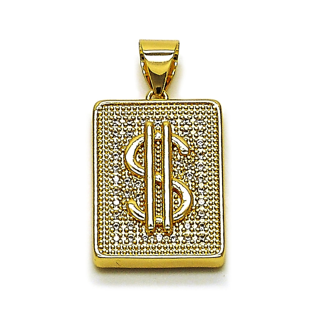 Oro Laminado Fancy Pendant, Gold Filled Style Money Sign Design, with White Cubic Zirconia, Polished, Golden Finish