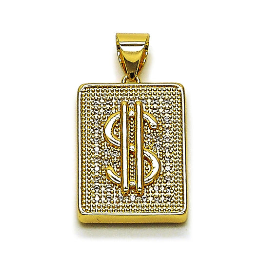 Oro Laminado Fancy Pendant, Gold Filled Style Money Sign Design, with White Cubic Zirconia, Polished, Golden Finish