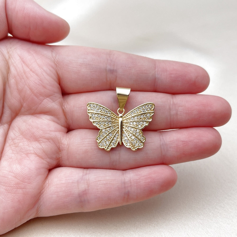 Oro Laminado Fancy Pendant, Gold Filled Style Butterfly Design, with White Cubic Zirconia, Polished, Golden Finish