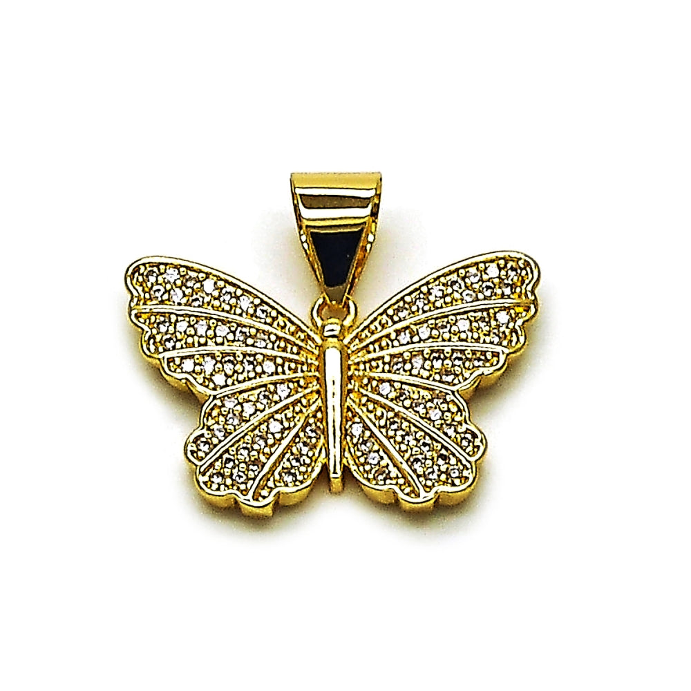 Oro Laminado Fancy Pendant, Gold Filled Style Butterfly Design, with White Cubic Zirconia, Polished, Golden Finish