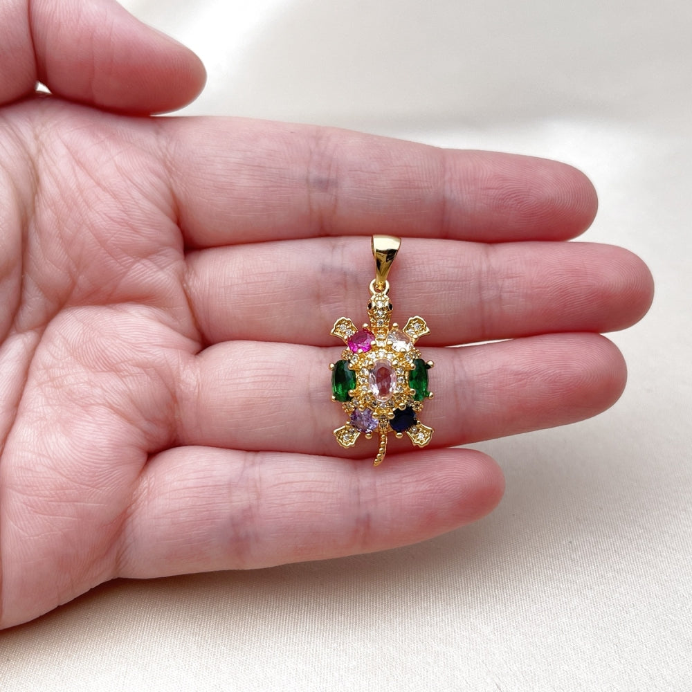 Oro Laminado Fancy Pendant, Gold Filled Style Turtle Design, with Multicolor Cubic Zirconia and White Micro Pave, Polished, Golden Finish