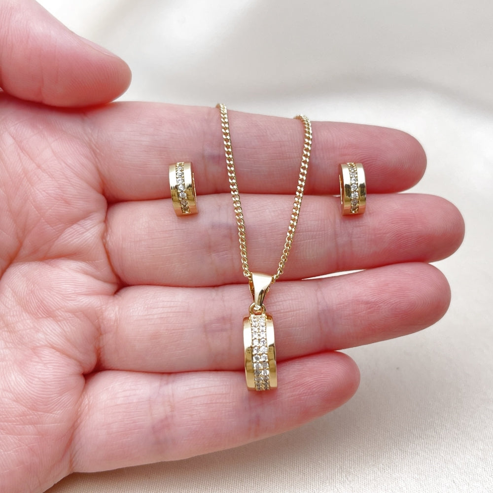 Oro Laminado Earring and Pendant Adult Set, Gold Filled Style with White Micro Pave, Polished, Golden Finish