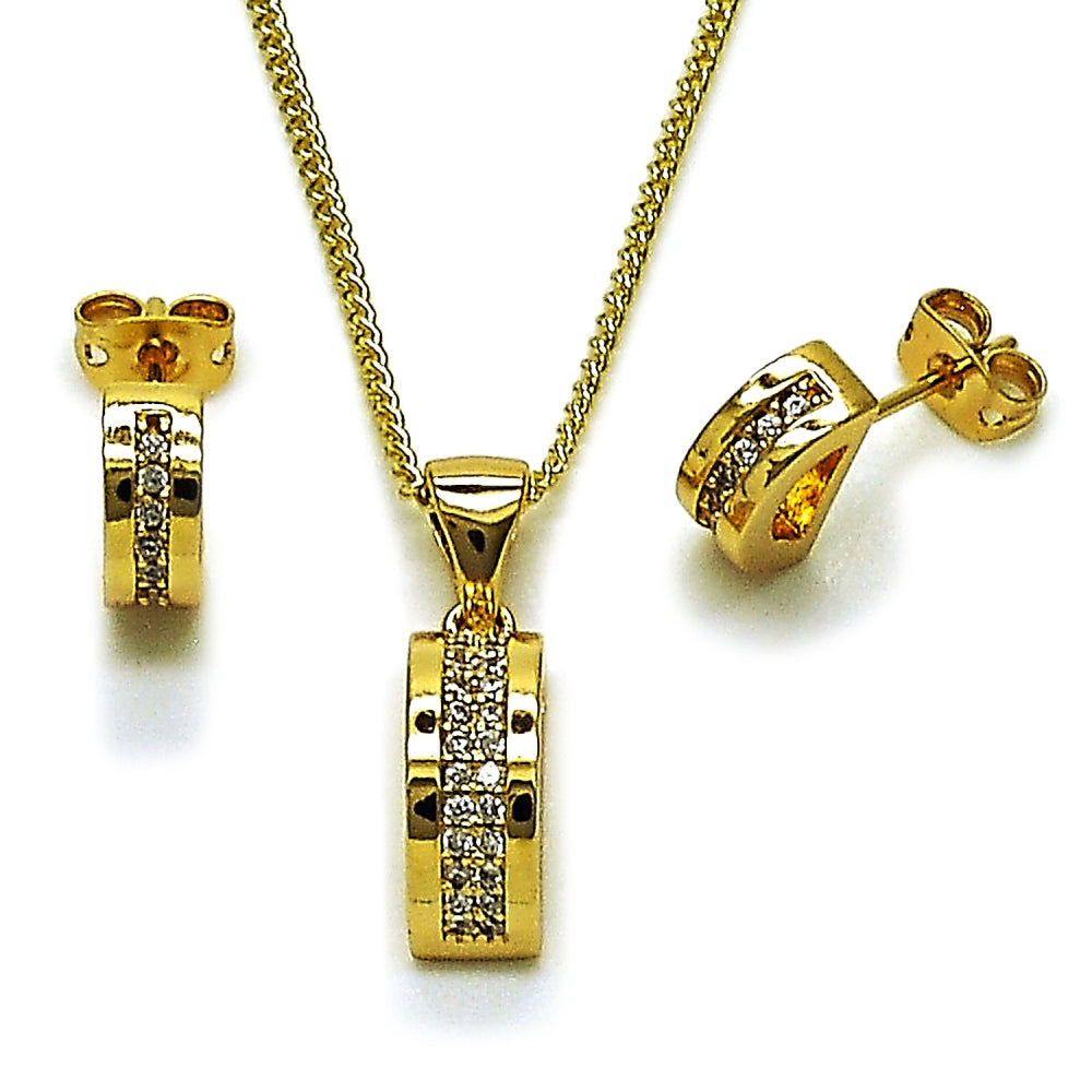 Oro Laminado Earring and Pendant Adult Set, Gold Filled Style with White Micro Pave, Polished, Golden Finish