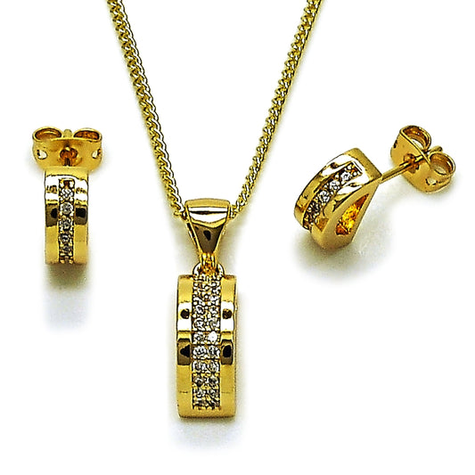 Oro Laminado Earring and Pendant Adult Set, Gold Filled Style with White Micro Pave, Polished, Golden Finish
