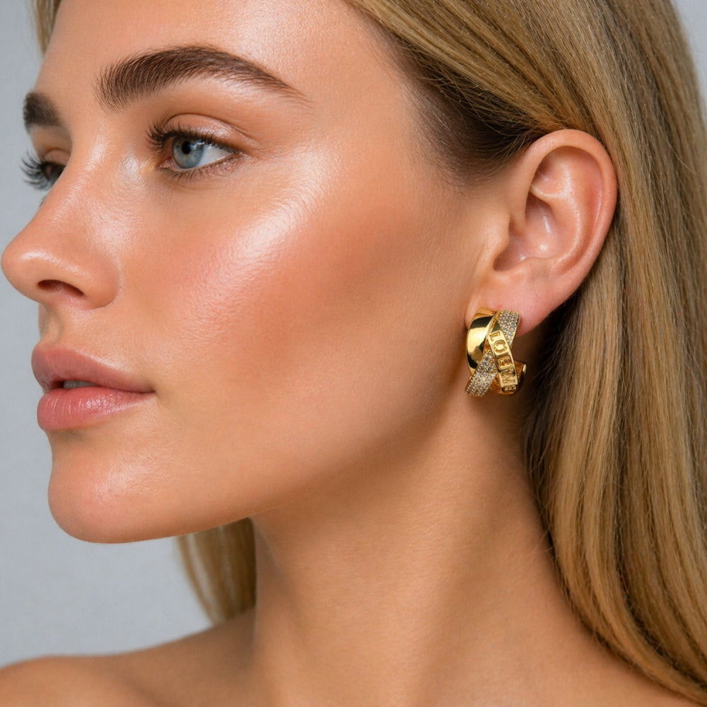 Oro Laminado Stud Earring, Gold Filled Style Love and Twist Design, with White Micro Pave, Polished, Golden Finish