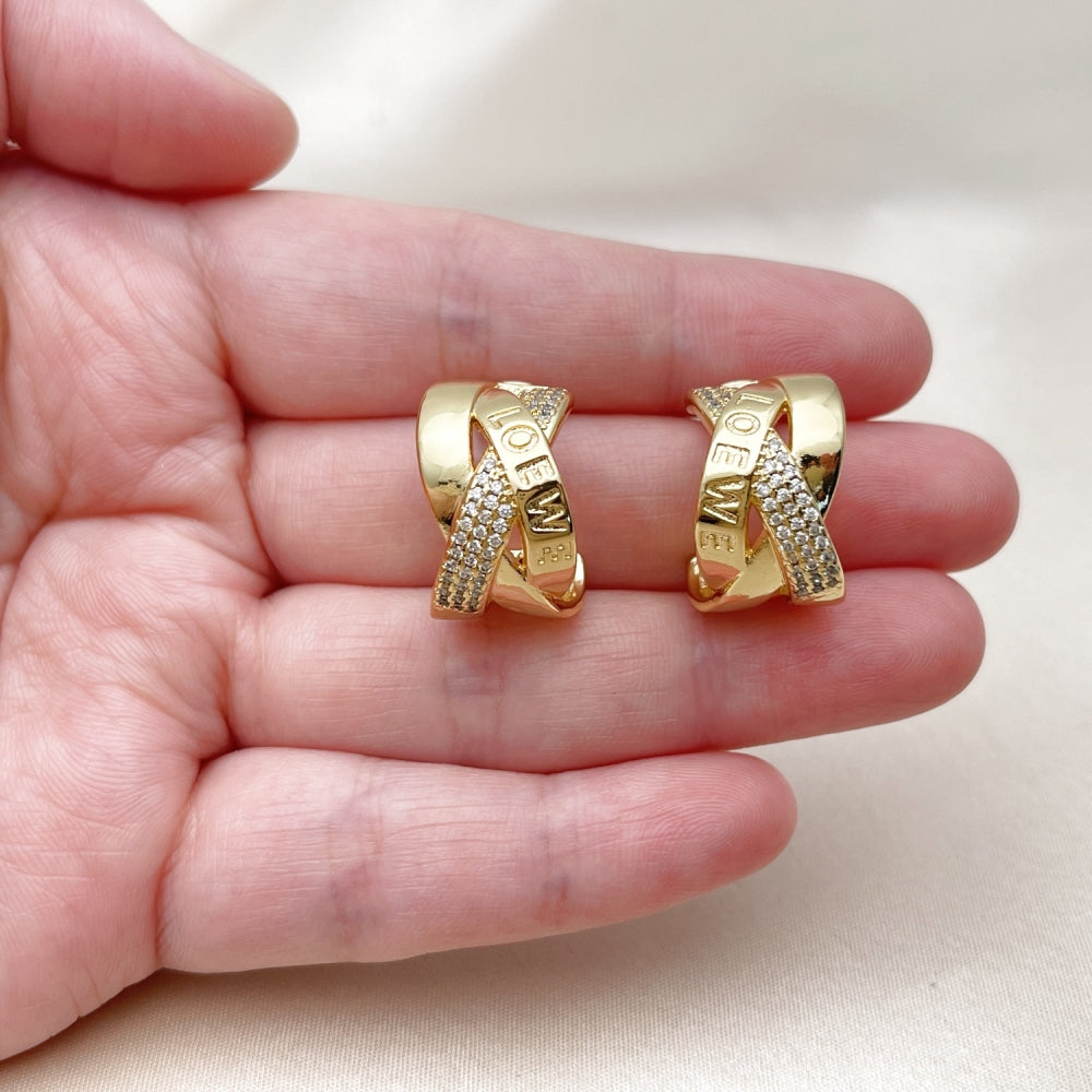 Oro Laminado Stud Earring, Gold Filled Style Love and Twist Design, with White Micro Pave, Polished, Golden Finish