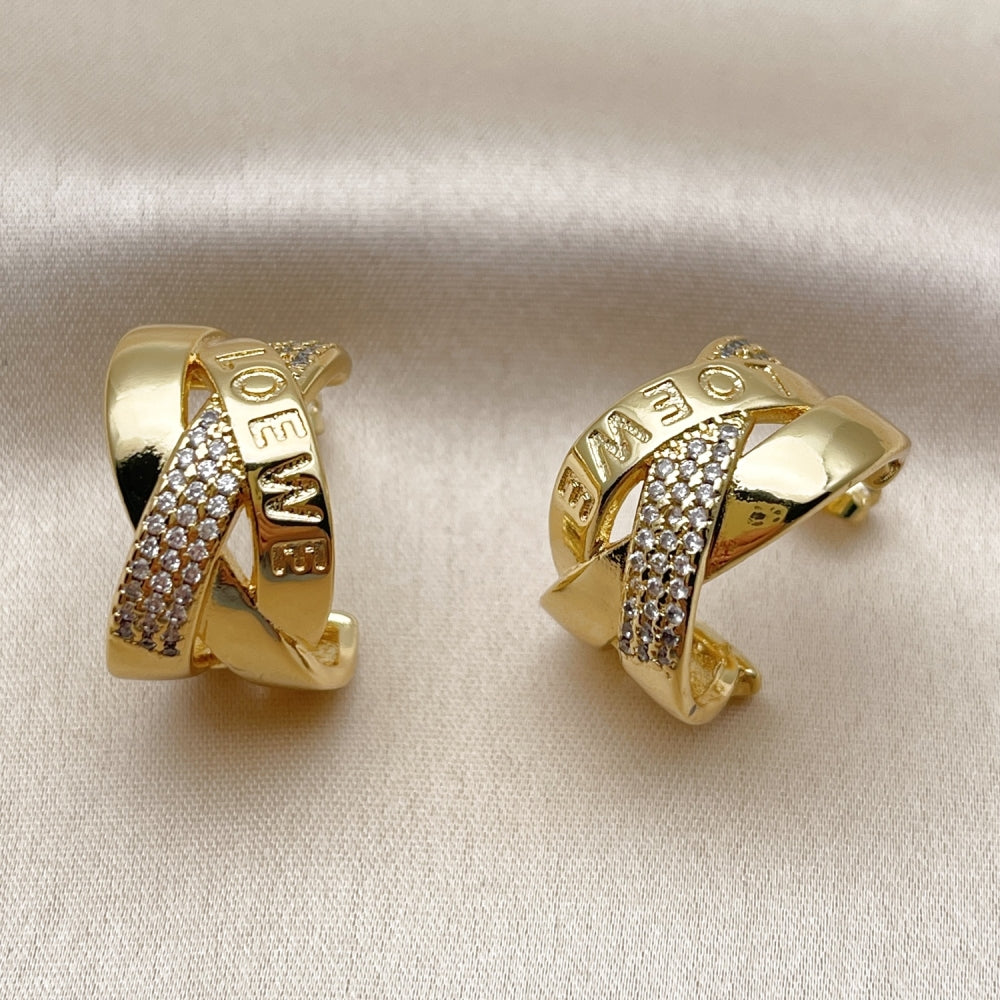 Oro Laminado Stud Earring, Gold Filled Style Love and Twist Design, with White Micro Pave, Polished, Golden Finish