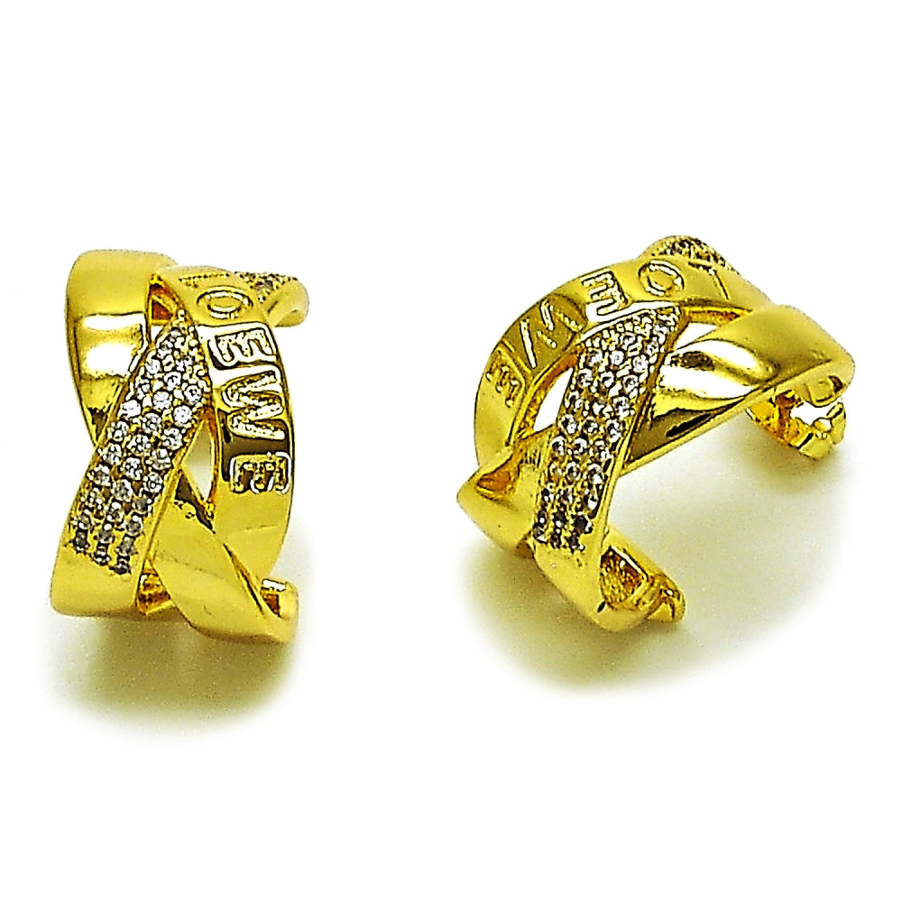 Oro Laminado Stud Earring, Gold Filled Style Love and Twist Design, with White Micro Pave, Polished, Golden Finish