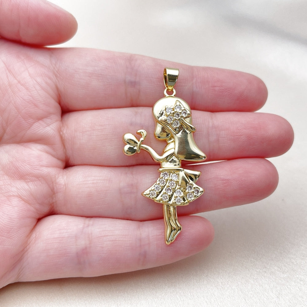 Oro Laminado Fancy Pendant, Gold Filled Style Little Girl Design, with White Cubic Zirconia, Polished, Golden Finish