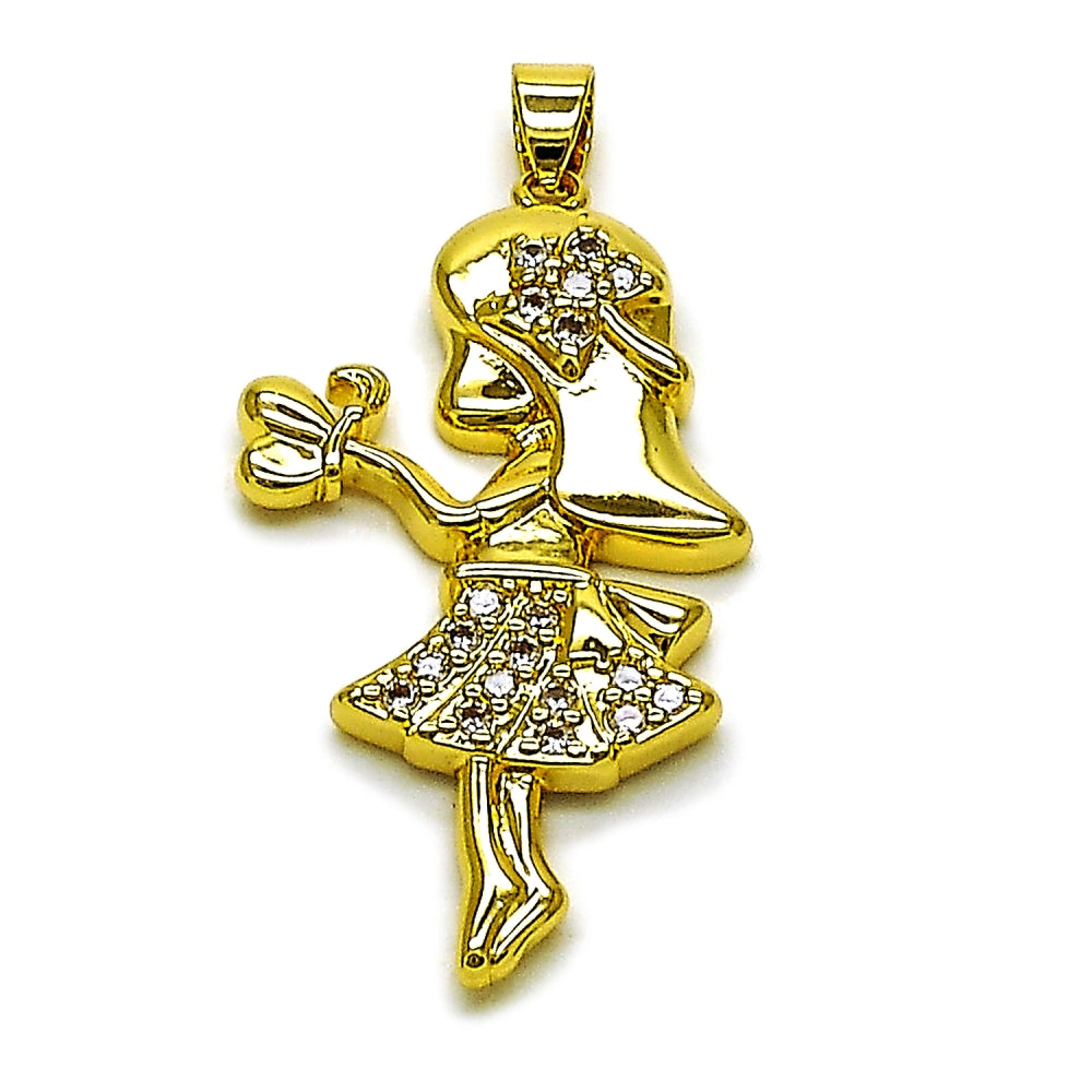 Oro Laminado Fancy Pendant, Gold Filled Style Little Girl Design, with White Cubic Zirconia, Polished, Golden Finish