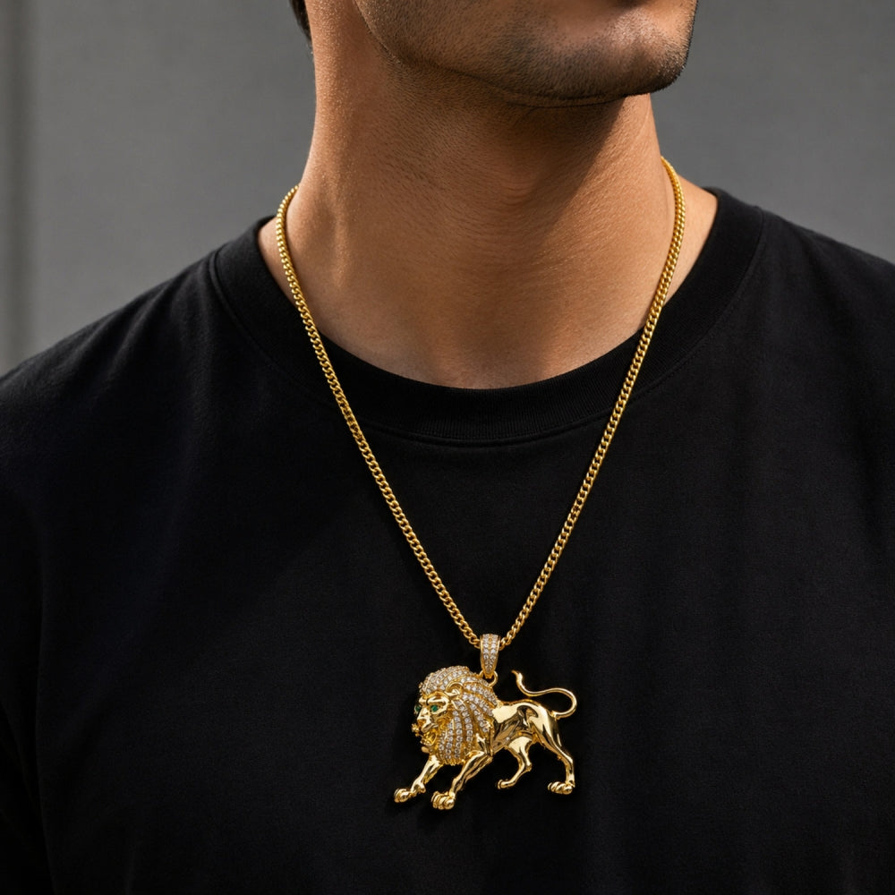 Oro Laminado Fancy Pendant, Gold Filled Style Lion Design, with White and Green Cubic Zirconia, Polished, Golden Finish