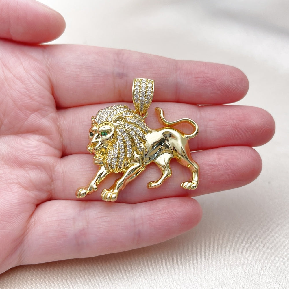 Oro Laminado Fancy Pendant, Gold Filled Style Lion Design, with White and Green Cubic Zirconia, Polished, Golden Finish