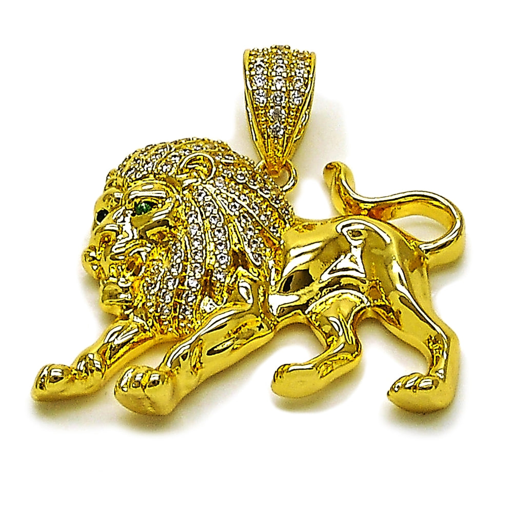 Oro Laminado Fancy Pendant, Gold Filled Style Lion Design, with White and Green Cubic Zirconia, Polished, Golden Finish