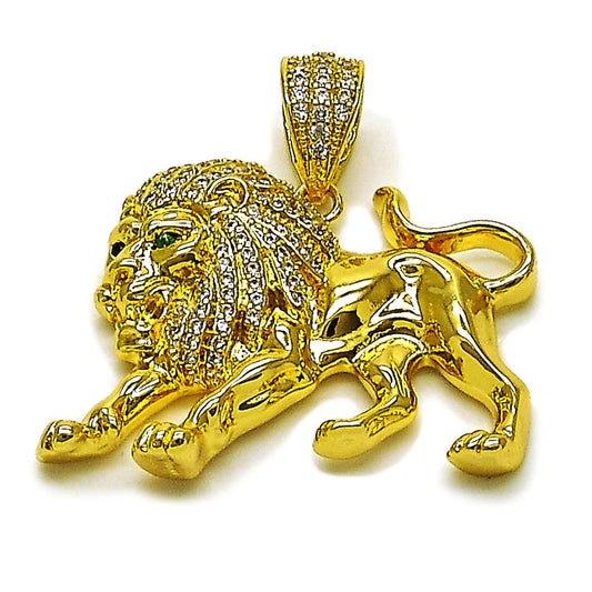Oro Laminado Fancy Pendant, Gold Filled Style Lion Design, with White and Green Cubic Zirconia, Polished, Golden Finish