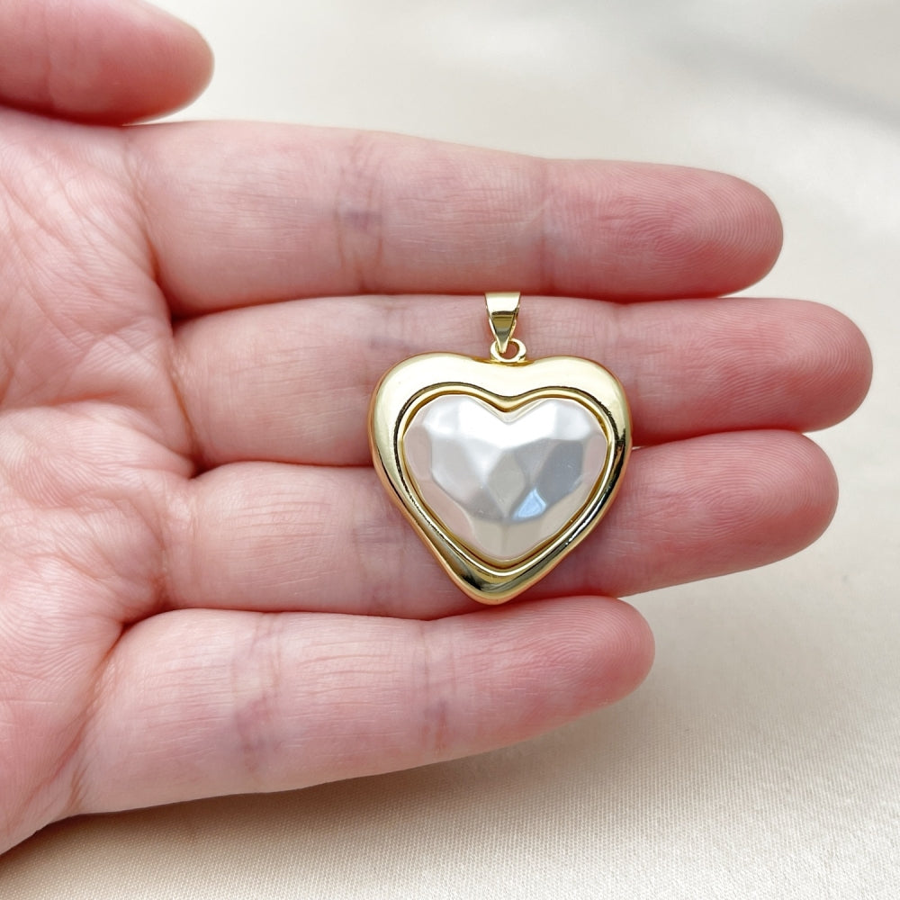 Oro Laminado Fancy Pendant, Gold Filled Style Heart Design, with Ivory Pearl, Polished, Golden Finish