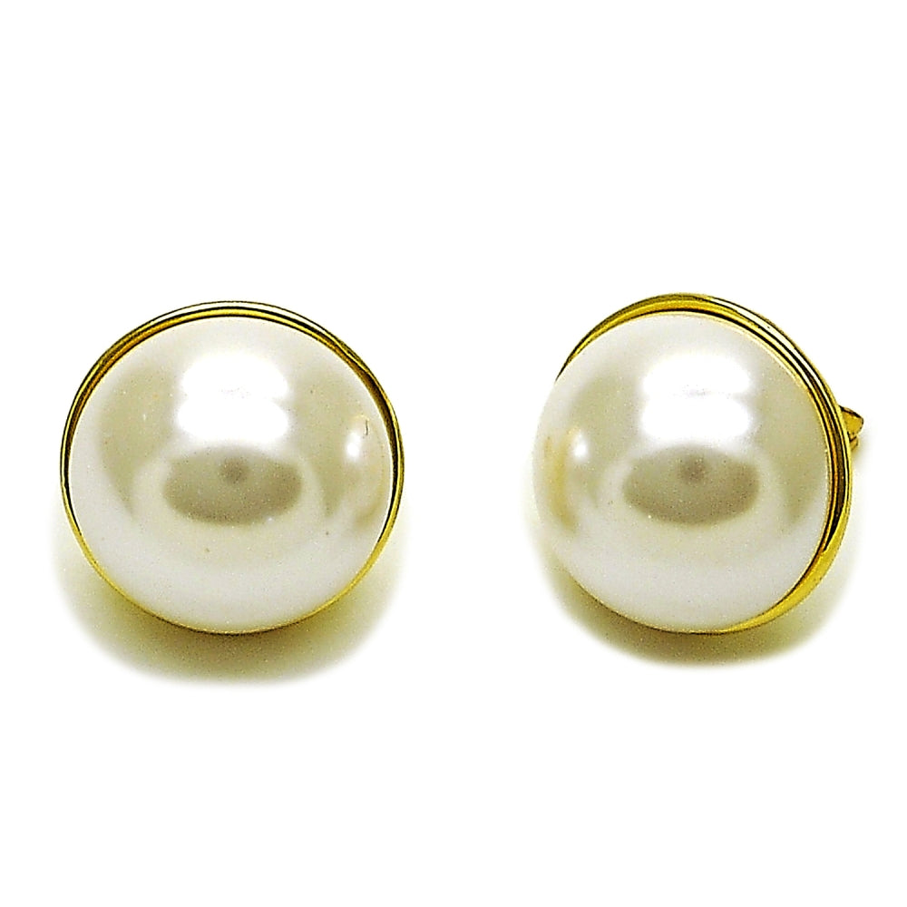Oro Laminado Stud Earring, Gold Filled Style Ball Design, with Ivory Pearl, Polished, Golden Finish
