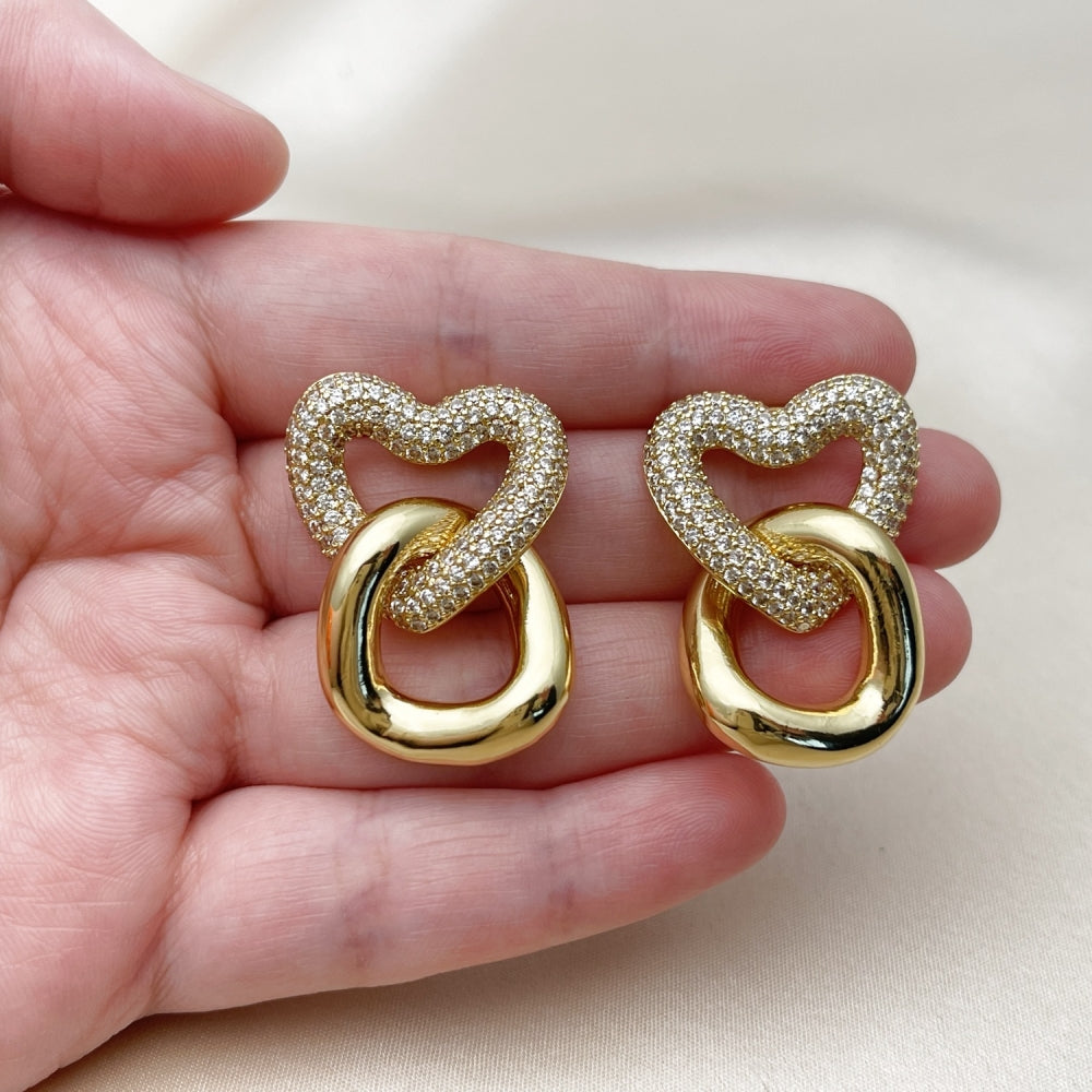 Oro Laminado Stud Earring, Gold Filled Style Heart Design, with White Cubic Zirconia, Polished, Golden Finish