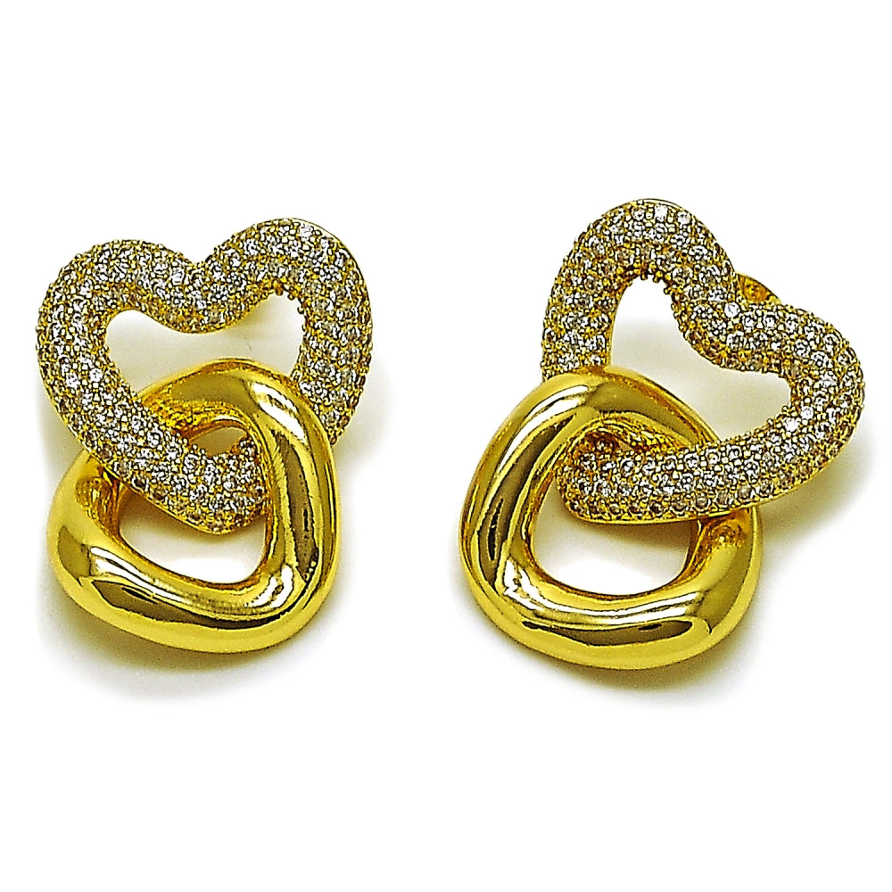 Oro Laminado Stud Earring, Gold Filled Style Heart Design, with White Cubic Zirconia, Polished, Golden Finish