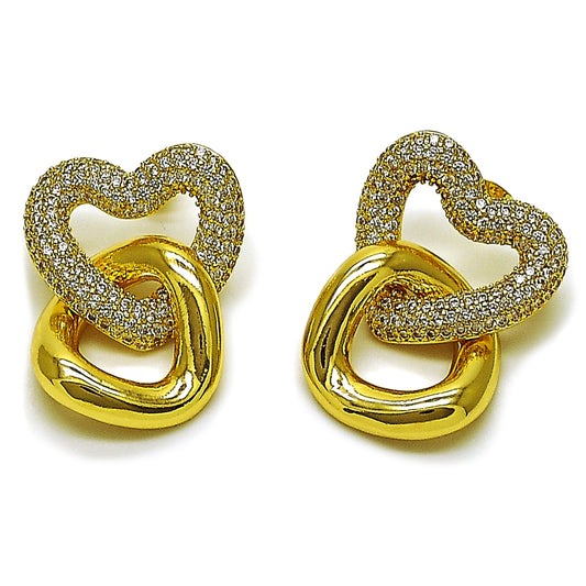 Oro Laminado Stud Earring, Gold Filled Style Heart Design, with White Cubic Zirconia, Polished, Golden Finish