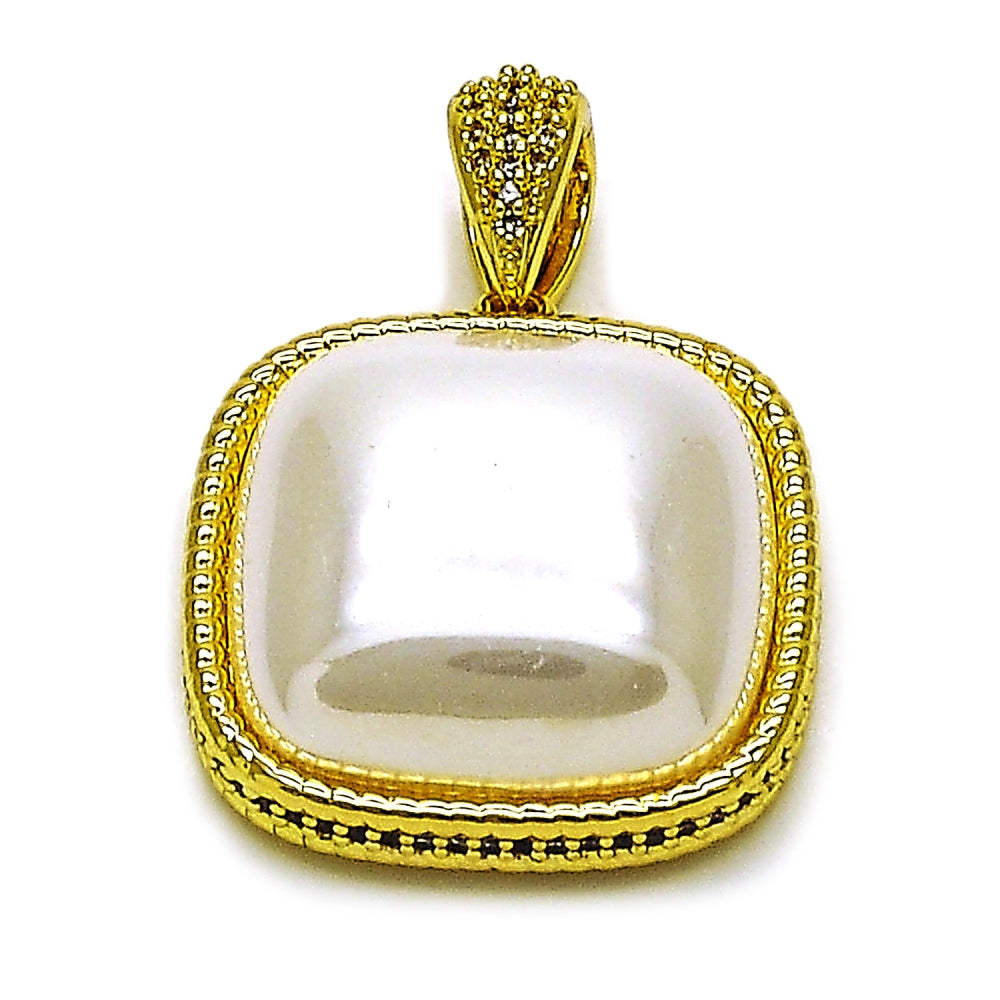Oro Laminado Fancy Pendant, Gold Filled Style with Ivory Pearl and White Micro Pave, Polished, Golden Finish