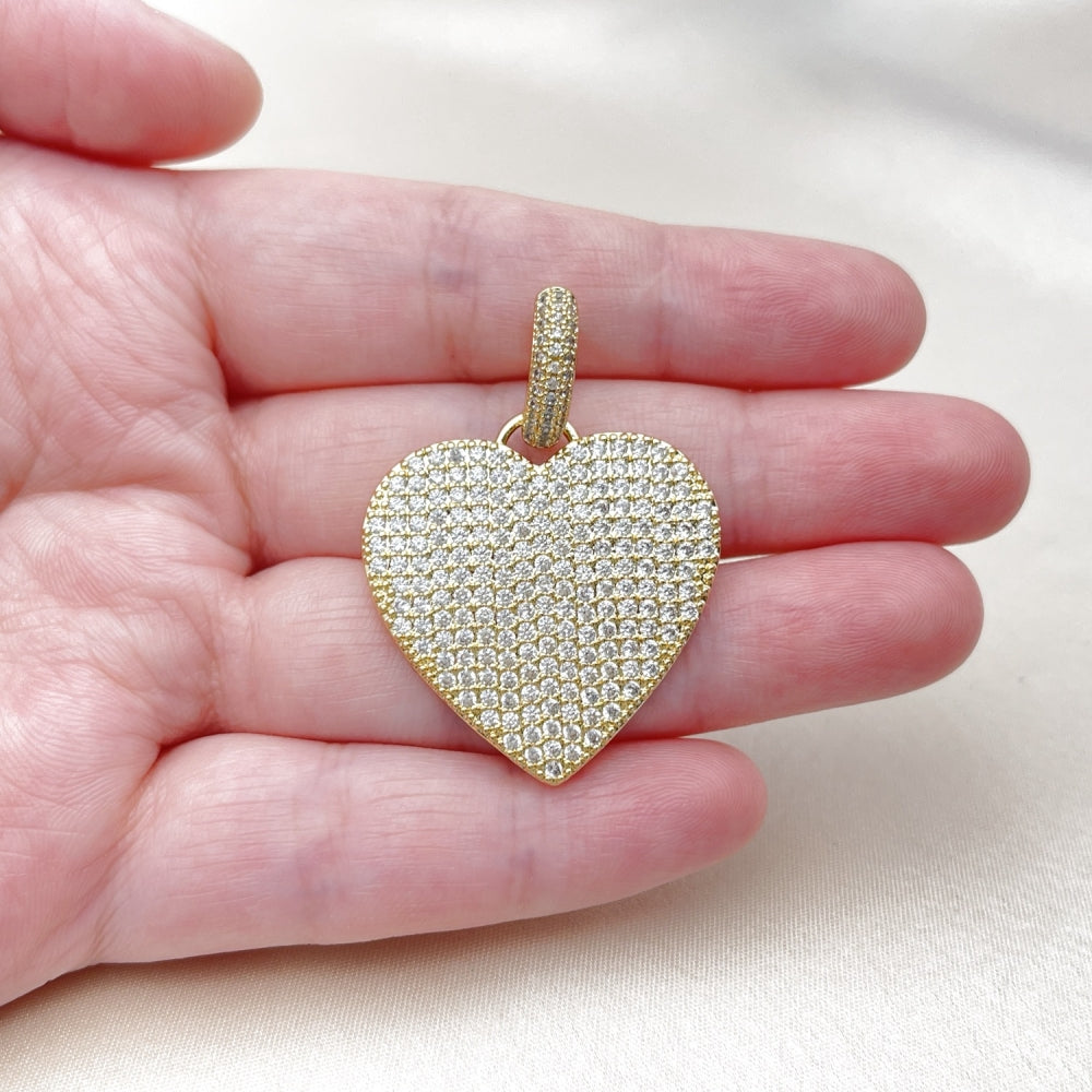 Oro Laminado Fancy Pendant, Gold Filled Style Heart Design, with White Cubic Zirconia, Polished, Golden Finish