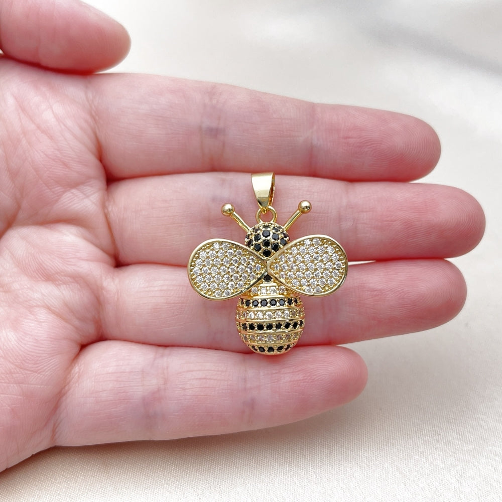 Oro Laminado Fancy Pendant, Gold Filled Style Bee Design, with White and Black Cubic Zirconia, Polished, Golden Finish