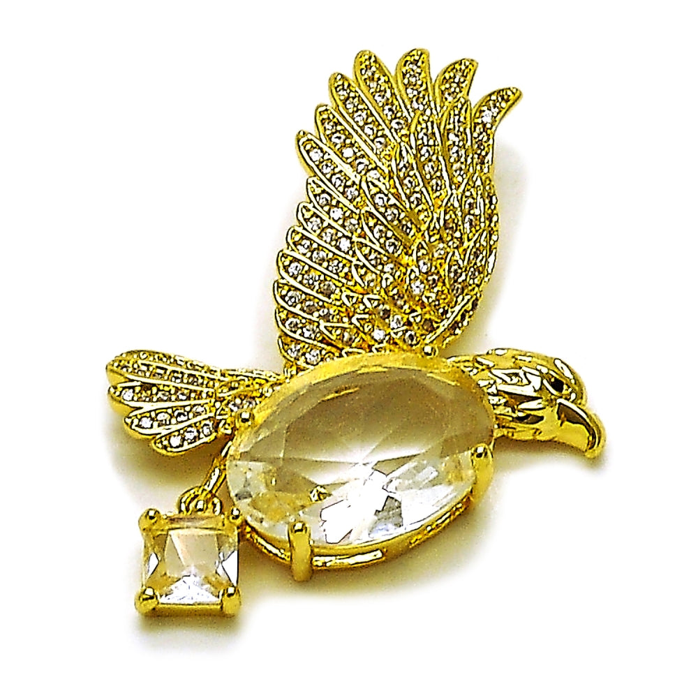 Oro Laminado Fancy Pendant, Gold Filled Style Eagle Design, with White Cubic Zirconia and White Micro Pave, Polished, Golden Finish