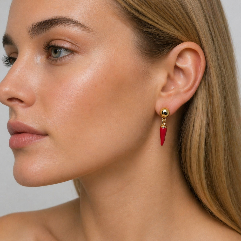 Oro Laminado Dangle Earring, Gold Filled Style Chili Design, Red Enamel Finish, Golden Finish