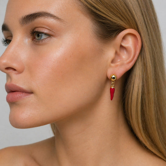 Oro Laminado Dangle Earring, Gold Filled Style Chili Design, Red Enamel Finish, Golden Finish
