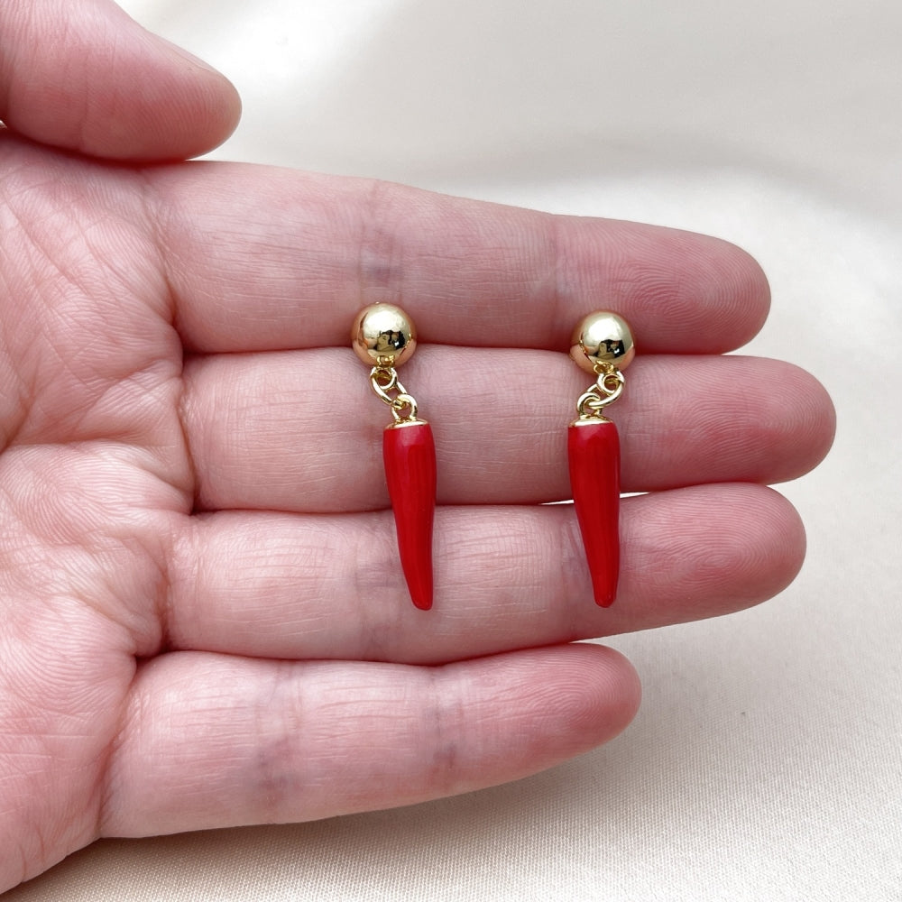 Oro Laminado Dangle Earring, Gold Filled Style Chili Design, Red Enamel Finish, Golden Finish